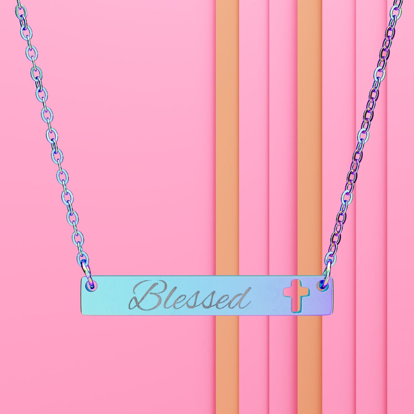 Blessed Cutout Cross Bar Necklace — Engraved Pendant