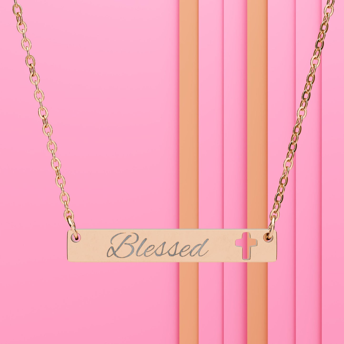 Blessed Cutout Cross Bar Necklace — Engraved Pendant
