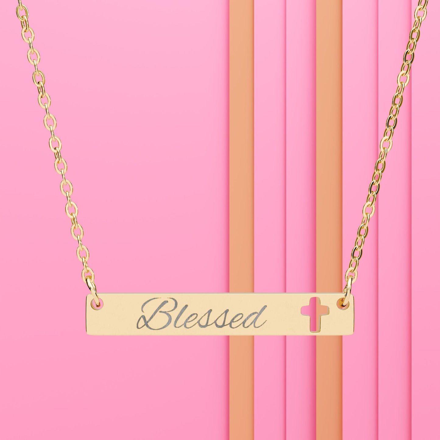 Blessed Cutout Cross Bar Necklace — Engraved Pendant
