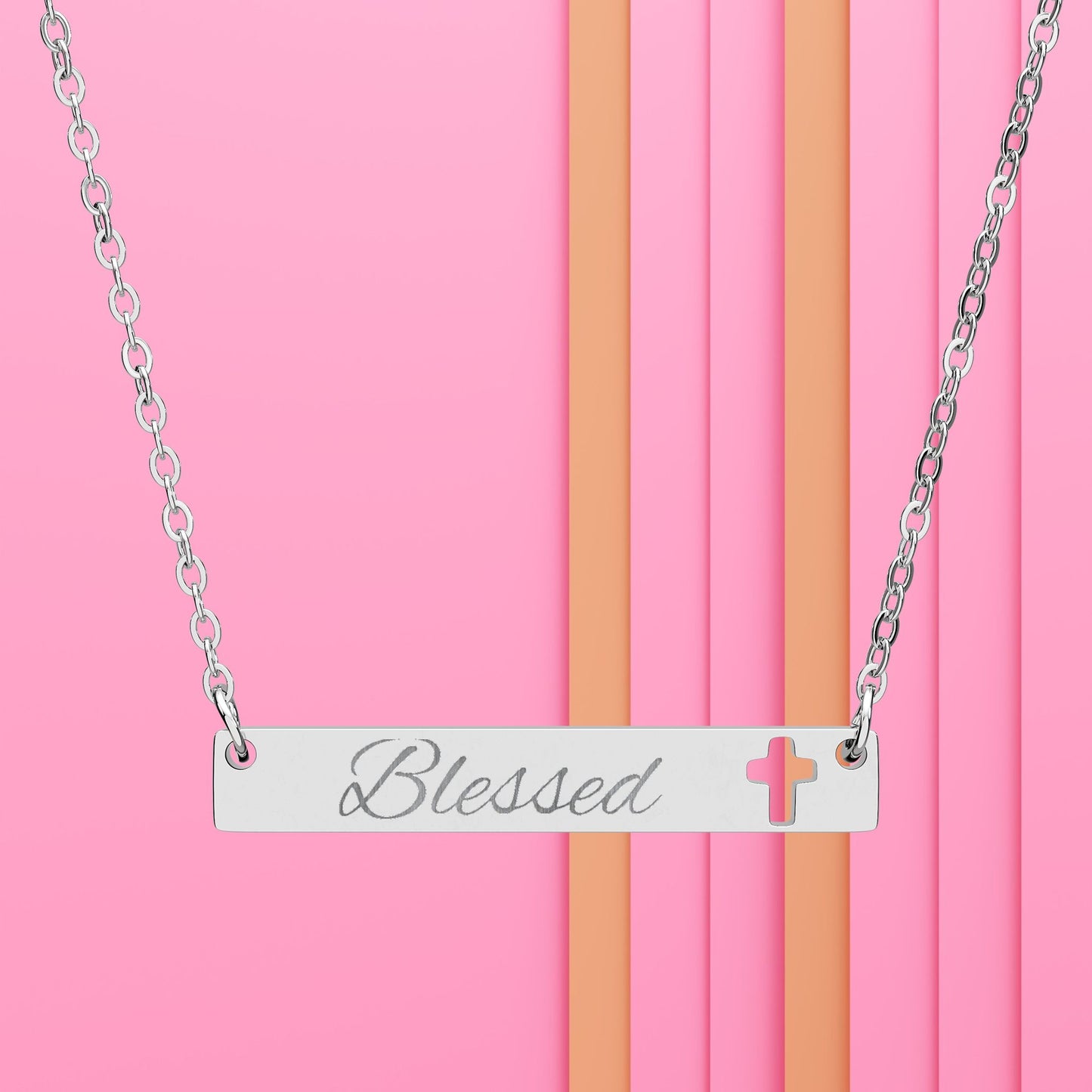 Blessed Cutout Cross Bar Necklace — Engraved Pendant
