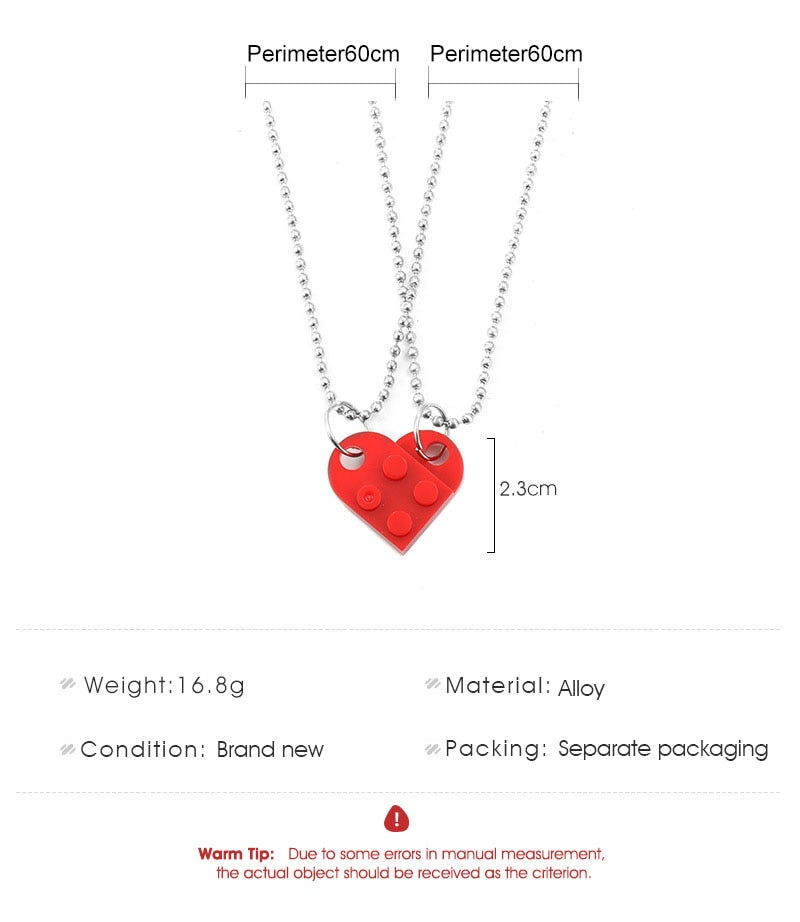 2Pcs Heart Brick Pendant Necklace