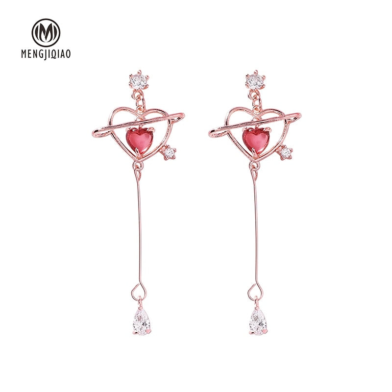 Planetary Crystal Heart Long Drop Earrings