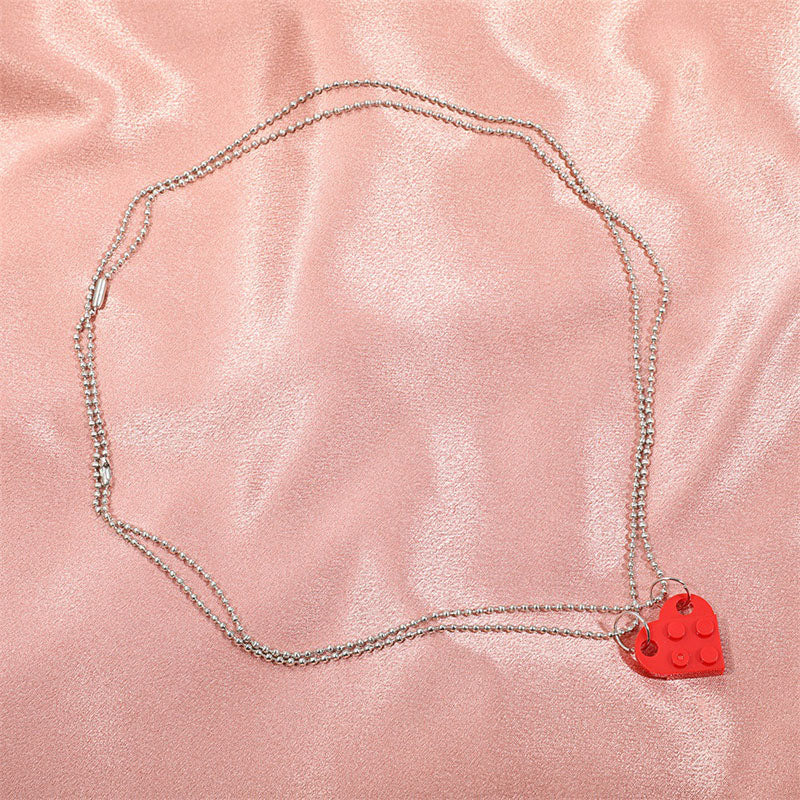 2Pcs Heart Brick Pendant Necklace