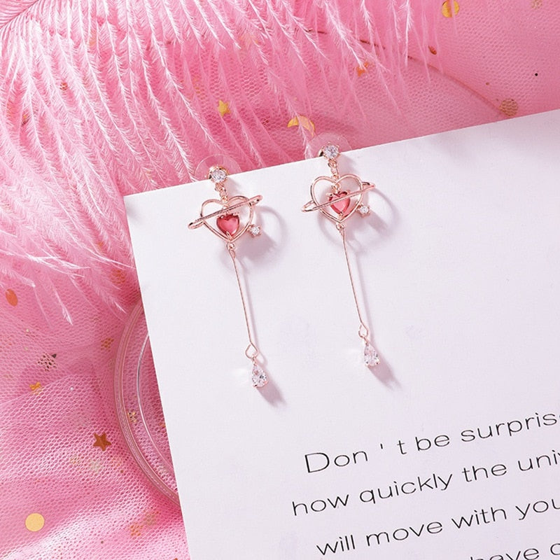 Planetary Crystal Heart Long Drop Earrings