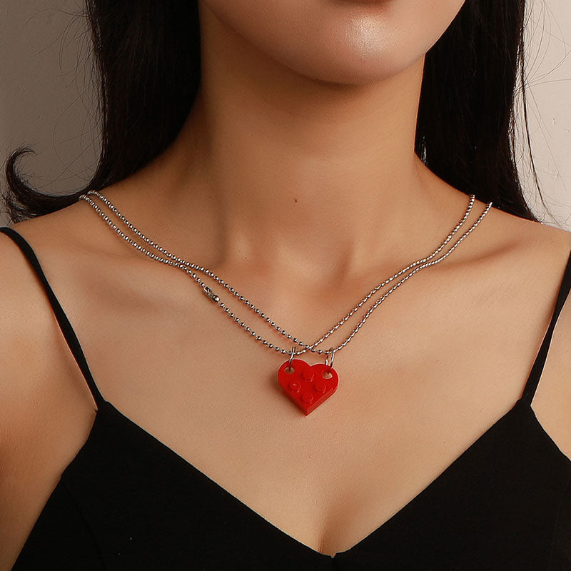 2Pcs Heart Brick Pendant Necklace