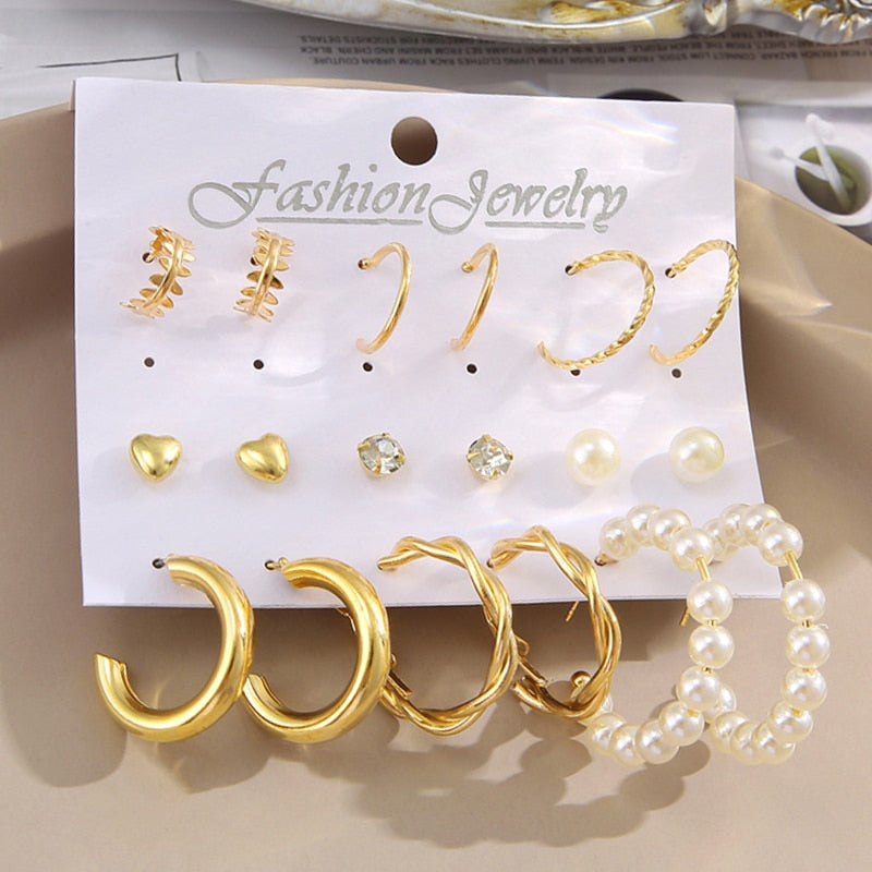 Elegant Gold Color Pearl Hoop Earrings Set