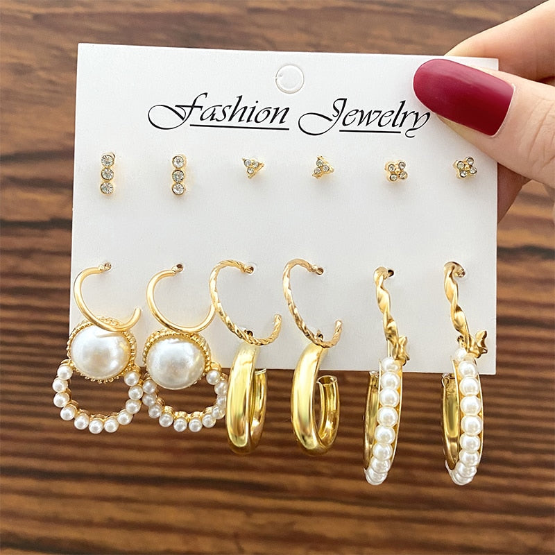 Elegant Gold Color Pearl Hoop Earrings Set