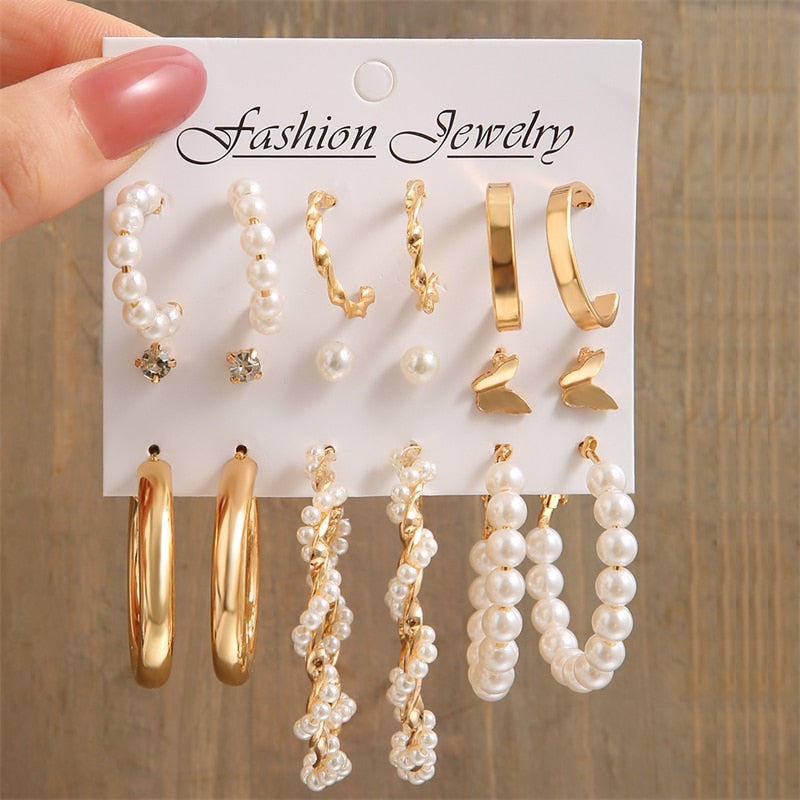 Elegant Gold Color Pearl Hoop Earrings Set