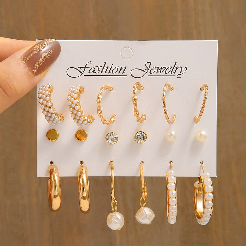 Elegant Gold Color Pearl Hoop Earrings Set