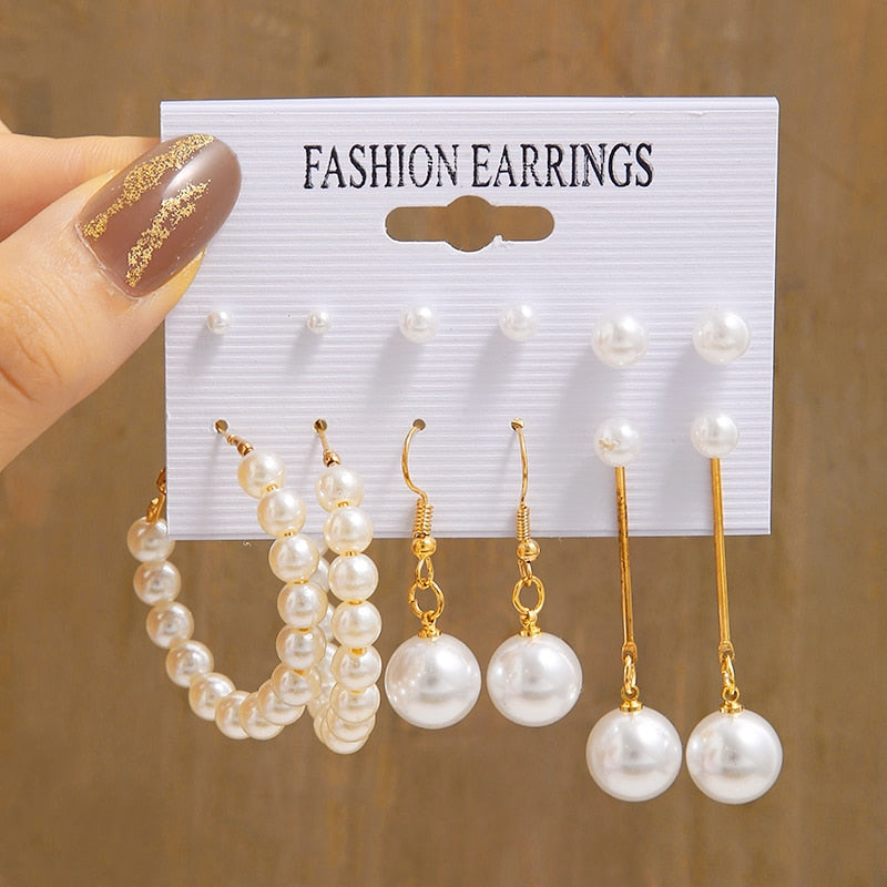 Elegant Gold Color Pearl Hoop Earrings Set