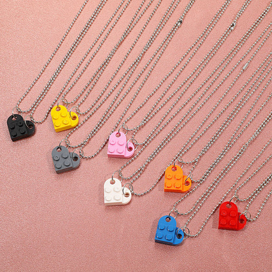 2Pcs Heart Brick Pendant Necklace