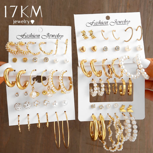 Elegant Gold Color Pearl Hoop Earrings Set